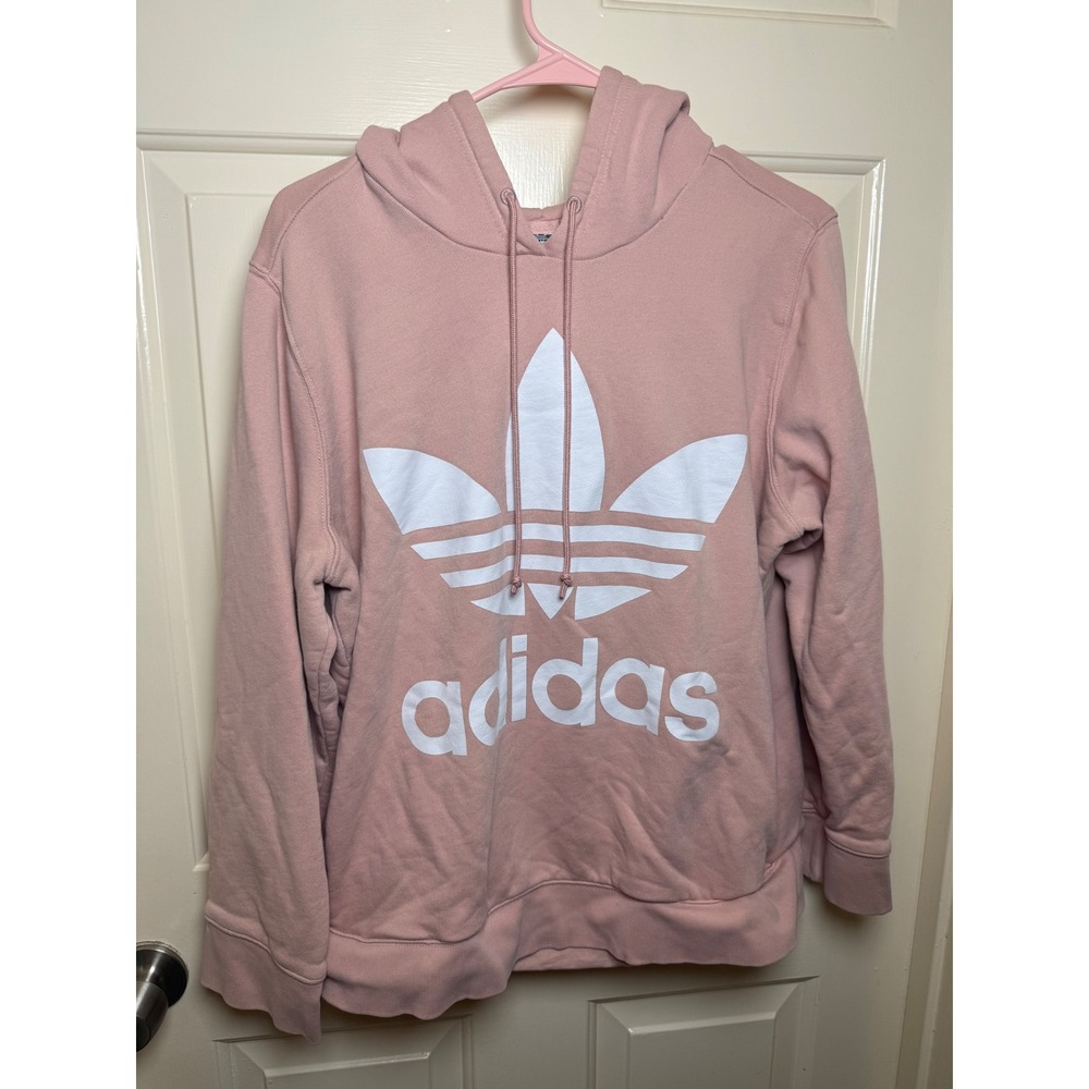 Adidas Originals Trefoil Hoodie Pink White Logo Pullover Sweatshirt Womens XL